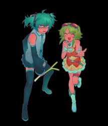 Rule 34 | 1boy, 1girl, belt, black background, blue eyes, blue hair, blush, boots, bridal garter, brooch, character request, check character, closed eyes, collared shirt, cosplay, crossdressing, detached sleeves, food, full body, goggles, goggles on head, green hair, gumi, hair ornament, hatsune miku, hatsune miku (cosplay), hatsune mikuo, headphones, helado jpg, highres, holding, holding food, jewelry, jitome, long sleeves, necktie, open mouth, pleated skirt, shirt, short hair with long locks, skirt, sleeveless, sleeveless shirt, smile, spring onion, standing, standing on one leg, sweat, thigh boots, twintails, vocaloid, w, wrist cuffs