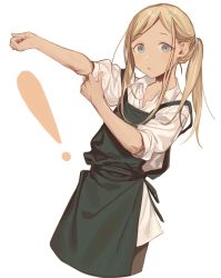 Rule 34 | !, 1girl, apron, bad id, bad twitter id, blonde hair, blue eyes, blush, collared shirt, commentary request, dark-skinned female, dark skin, green apron, hair ribbon, highres, idolmaster, idolmaster cinderella girls, layla (idolmaster), long hair, looking at viewer, mo (mokatampe), outstretched arm, parted bangs, parted lips, ponytail, ribbon, shirt, sidelocks, simple background, sleeves rolled up, solo, upper body, white background, white shirt