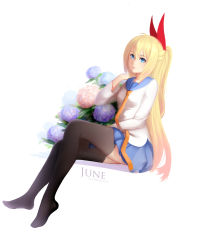 Rule 34 | 10s, 1girl, absurdres, artist name, bad id, bad pixiv id, black thighhighs, blonde hair, blue eyes, blue skirt, closed mouth, commentary request, dated, english text, eyebrows, flower, hair between eyes, hair ribbon, highres, hydrangea, june, kirisaki chitoge, lips, long hair, long sleeves, necktie, nisekoi, no shoes, plant, pleated skirt, revision, ribbon, school uniform, serafuku, simple background, sitting, skirt, smile, solo, text focus, thighhighs, ulyssesd, very long hair, white background, zettai ryouiki