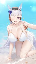 Rule 34 | 1girl, absurdres, alternate costume, animal ears, beach, bikini, blue sky, bow, breasts, brown hat, cleavage, commentary request, ear bow, gold ship (umamusume), grey hair, hat, highres, horse ears, horse girl, horse tail, kneeling, large breasts, lens flare, ocean, one eye closed, outdoors, pillbox hat, pink eyes, purple bow, sand, sky, smile, solo, sparkle, starfish, swimsuit, tail, ugohato, umamusume, white bikini