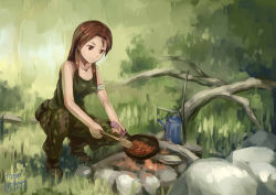 Rule 34 | 1girl, arm wrap, artist name, brown eyes, brown hair, campfire, camping, coffee pot, cooking, dated, kanokoga, long hair, military, military uniform, minna-dietlinde wilcke, frying pan, solo, spoon, strike witches, tank top, uniform, wooden spoon, world witches series
