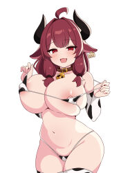 Rule 34 | 1girl, ahoge, animal ears, animal print, bell, bikini, black horns, breasts, cow print, goat-chan (enarane), goat ears, goat girl, goat horns, goat tail, highres, horns, huge breasts, kumasteam, looking at viewer, medium hair, micro bikini, neck bell, open mouth, original, print bikini, red eyes, red hair, simple background, skindentation, smile, solo, standing, stomach, swimsuit, thighhighs, white background