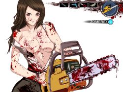 Rule 34 | 1girl, belt, blood, blush, bracelet, breasts, brown eyes, brown hair, capcom, chainsaw, cleavage, dead rising, dead rising 2, death is 13, dress shirt, female focus, image sample, jewelry, large breasts, long hair, miniskirt, open clothes, open shirt, pixiv sample, power drill, power tool, rebecca chang, shirt, skirt, solo, white background, white shirt