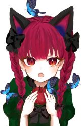 Rule 34 | 1girl, animal ears, aoringo orin, apple, black bow, black bowtie, blush, bow, bowtie, braid, cat ears, dress, extra ears, fang, food, fruit, green dress, hair between eyes, hair bow, hair ribbon, hands up, holding, holding food, holding fruit, juliet sleeves, kaenbyou rin, long hair, long sleeves, looking at viewer, open mouth, puffy sleeves, red eyes, red hair, revision, ribbon, simple background, skin fang, slit pupils, solo, touhou, tress ribbon, twin braids, twintails, upper body, white background