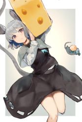 Rule 34 | 1girl, absurdres, animal, animal ears, black skirt, black vest, blush, capelet, cheese, closed mouth, food, grey capelet, grey hair, highres, holding, holding food, kurowa (curowa), long sleeves, mouse (animal), mouse ears, mouse tail, nazrin, red eyes, shirt, short hair, skirt, skirt set, solo, tail, touhou, vest, white shirt
