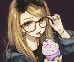 Rule 34 | 1girl, blonde hair, bow, brown eyes, casual, contemporary, dress, drink, earrings, glasses, hair bow, jewelry, jinrou judgment, long hair, looking at viewer, murayama (u k), necklace, sandra (jinrou judgment), solo