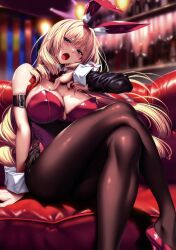 Rule 34 | 1girl, absurdres, animal ear fluff, animal ears, arm support, bare shoulders, blonde hair, blue eyes, blurry, blurry background, blush, breasts, crossed legs, fake animal ears, hand on own chest, hand up, hanikami kanojo, high heels, highres, indoors, large breasts, leotard, long hair, looking at viewer, open mouth, pantyhose, piromizu, playboy bunny, rabbit ears, red leotard, scan, shiny clothes, shiny skin, shoudou erena, simple background, sitting, solo, wrist cuffs