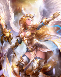 Rule 34 | 1girl, angel wings, arm ribbon, armor, armored boots, armpits, bad anatomy, battlefield, belt, blonde hair, blue eyes, blue gemstone, blue ribbon, boots, breasts, cape, castle, cleavage, closed mouth, cloud, collar, company name, copyright name, day, expressionless, fantasy lore, faulds, feathered wings, feathers, fire, flag, floating hair, gauntlets, gem, glint, gloves, headpiece, holding, holding polearm, holding spear, holding weapon, light rays, long hair, looking away, looking to the side, medium breasts, motion blur, official art, outdoors, outstretched arm, outstretched hand, pauldrons, pelvic curtain, polearm, ribbon, shoulder armor, smoke, solo, spear, standing, sunlight, te (tenmoom), thighhighs, vambraces, watermark, weapon, white armor, white cape, white flag, white gloves, white thighhighs, white wings, wind, wings