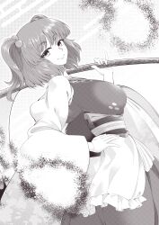 Rule 34 | 0-den, 1girl, absurdres, breasts, highres, holding, holding scythe, long sleeves, looking at viewer, monochrome, onozuka komachi, puffy long sleeves, puffy sleeves, scythe, smile, solo, touhou, two side up, upper body, wide sleeves