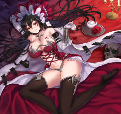 Rule 34 | 1girl, bare shoulders, black hair, black thighhighs, blush, bonnet, breasts, candlestand, cleavage, collarbone, elbow gloves, gloves, hair between eyes, half-closed eyes, highres, ilya (princess connect!), large breasts, leotard, long hair, looking at viewer, lying, navel, on back, princess connect!, red eyes, red leotard, skull, smile, spill, thighhighs, white gloves, yuemanhuaikong