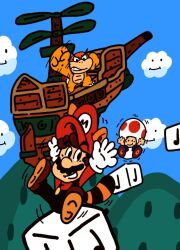 Rule 34 | 1boy, a, aircraft, airship, animal ears, boom boom, brown hair, day, facial hair, gloves, hat, jumping, looking at another, mario, mario (series), musical note, mustache, nintendo, note block, overalls, raccoon ears, raccoon mario, raccoon tail, super mario bros. 3, tail, toad (mario)