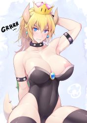 Rule 34 | 1girl, areola slip, arm behind back, arm behind head, arm up, armlet, armpits, bare shoulders, black collar, black leotard, black thighhighs, blonde hair, blue eyes, blush, bowsette, breasts, breath, cleavage, clenched teeth, collar, collarbone, commentary request, covered navel, crown, earrings, gem, hair between eyes, head tilt, highleg, highleg leotard, highres, horns, jewelry, large breasts, leotard, long hair, looking at viewer, mario (series), new super mario bros. u deluxe, nintendo, nipple slip, nipples, pointy ears, ponytail, ruton-niki, sharp teeth, shell, shiny clothes, sidelocks, sitting, solo, spiked collar, spikes, strapless, strapless leotard, super crown, tail, teeth, thick eyebrows, thighhighs, v-shaped eyebrows