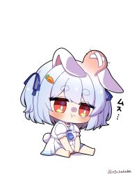 Rule 34 | 0725akaba, 1girl, :i, animal ears, barefoot, blue hair, blue ribbon, carrot hair ornament, closed mouth, commentary request, ears down, food-themed hair ornament, hair between eyes, hair ornament, hair ribbon, head bump, highres, hololive, pleated skirt, pout, puffy short sleeves, puffy sleeves, rabbit ears, rabbit girl, rabbit tail, red eyes, ribbon, shadow, shirt, short eyebrows, short sleeves, simple background, sitting, skirt, soles, solo, tail, tears, thick eyebrows, twitter username, two side up, usada pekora, usada pekora (casual), virtual youtuber, white background, white shirt, white skirt