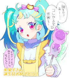 Rule 34 | 1girl, :3, :o, blonde hair, blue hair, blush, bow, candy, cat hair ornament, commentary request, fang, food, frilled shirt collar, frills, hair ornament, hairband, highres, holding, holding candy, holding food, holding lollipop, lollipop, long hair, long sleeves, looking at viewer, moudoku (decopon3rd), multicolored hair, myamu, open mouth, pink eyes, pretty series, purple bow, purple hairband, shirt, solo, speech bubble, streaked hair, sweatdrop, translation request, twintails, upper body, waccha primagi!, white background, white shirt
