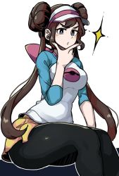 Rule 34 | 1girl, :o, blue eyes, breasts, bright pupils, brown hair, creatures (company), double bun, game freak, hair behind ear, hair bun, highres, long hair, looking down, masgamjya, medium breasts, nintendo, pantyhose, pokemon, pokemon bw2, pokemon masters ex, rosa (pokemon), sitting, solo, sparkle, thick thighs, thighs, twintails, v-shaped eyebrows, very long hair, visor cap, white pupils