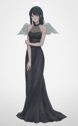 Rule 34 | 1girl, angel wings, artist name, bad id, bad pixiv id, bare arms, bare shoulders, black dress, black eyes, black hair, breasts, closed eyes, closed mouth, commentary request, dress, full body, gradient background, grey background, haibane renmei, halo, halter dress, halterneck, hand on own arm, highres, long hair, looking at viewer, mini wings, miura-n315, reki (haibane), see-through, sidelocks, sleeveless, sleeveless dress, small breasts, smile, solo, standing, straight hair, white wings, wings