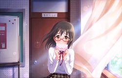 Rule 34 | 1girl, artist request, black hair, blush, brown eyes, buttoned cuffs, buttons, cinderella girls gekijou, classroom, covering own mouth, curtains, day, dress shirt, embarrassed, envelope, etude wa ikkyoku dake, glasses, holding, idolmaster, idolmaster cinderella girls, idolmaster cinderella girls starlight stage, indoors, kamijo haruna, letter, long sleeves, looking at viewer, love letter, nervous, official art, pink-framed eyewear, raised eyebrows, ribbon, school uniform, shirt, short hair, skirt, solo, sunlight, white shirt, window
