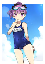 Rule 34 | 1girl, black ribbon, cowboy shot, fate/grand order, fate (series), goggles, goggles on head, hair ribbon, helena blavatsky (fate), helena blavatsky (swimsuit archer) (fate), helena blavatsky (swimsuit archer) (first ascension) (fate), highres, looking at viewer, one-piece swimsuit, ponytail, purple eyes, purple hair, ribbon, school swimsuit, shirogane (platinum), short hair, smile, solo, standing, swimsuit