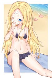 Rule 34 | 1girl, abigail williams (fate), absurdres, ai cao, bandaid, bandaid on face, bandaid on forehead, bare arms, bare legs, bare shoulders, beach, bikini, bikini skirt, black bikini, black skirt, blonde hair, blue eyes, blush, breasts, collarbone, commentary request, fate/grand order, fate (series), feet out of frame, heart, highres, long hair, navel, ocean, parted bangs, sitting, skirt, small breasts, solo, swimsuit, towel, water