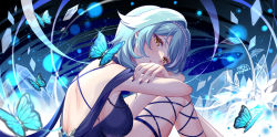 Rule 34 | 1girl, alternate costume, bare back, bare shoulders, blue butterfly, blue choker, blue dress, blue hair, breasts, bug, butterfly, chinese commentary, choker, commentary request, dress, eula (genshin impact), genshin impact, gou lianlian dogface, hair intakes, highres, insect, large breasts, looking at viewer, nail polish, parted lips, purple nails, short hair, solo, upper body, yellow eyes