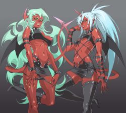 Rule 34 | 10s, 2girls, boots, breasts, colored skin, demon girl, demon tail, demon wings, covered erect nipples, fang, glasses, green hair, high heels, highres, horns, jpeg artifacts, knee boots, kneesocks (psg), kujou kiyo, large breasts, leather, midriff, miniskirt, multiple girls, navel, panties, panty &amp; stocking with garterbelt, ponytail, red skin, scanty (psg), shoes, siblings, silver hair, sisters, skirt, tail, thigh boots, thighhighs, underboob, underwear, wings