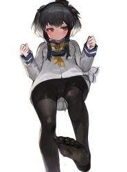 Rule 34 | absurdres, bad id, bad pixiv id, black hair, blush, bow, brown eyes, cameltoe, dokomon, feet, foot focus, foreshortening, hair bow, highres, kantai collection, long hair, looking at viewer, looking down, no pants, no shoes, pantyhose, school uniform, short twintails, sidelocks, simple background, soles, solo, sweat, tokitsukaze (kancolle), twintails