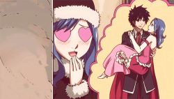 Rule 34 | 1boy, 1girl, animated, animated gif, blue hair, blush, couple, dress, fairy tail, gray fullbuster, hand to own mouth, hat, heart, heart-shaped pupils, imagining, juvia lockser, long hair, lowres, symbol-shaped pupils