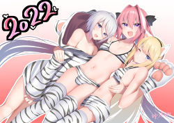 Rule 34 | 2022, 3boys, animal ears, animal hands, astolfo (fate), bare shoulders, black ribbon, blonde hair, blue eyes, bra, bulge, cat ears, chevalier d&#039;eon (fate), collarbone, commentary request, crossdressing, dress, fake animal ears, fang, fate/grand order, fate (series), gloves, gradient background, hair between eyes, hair intakes, hair ribbon, hand on another&#039;s arm, hand on another&#039;s waist, highres, kitajima yuuki, long hair, long sleeves, looking at viewer, male focus, midriff, multiple boys, navel, one eye closed, open mouth, panties, paw gloves, pink hair, prince of lan ling (fate), purple eyes, ribbon, silver hair, skin fang, smile, striped bra, striped clothes, striped dress, striped legwear, striped panties, thighhighs, trap, underwear, very long hair