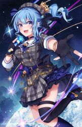 Rule 34 | 1girl, :d, asymmetrical legwear, belt, beret, black gloves, black thighhighs, blue belt, blue eyes, blue hair, blue socks, blush, bracelet, dress, foot out of frame, gloves, hat, holding, holding microphone, hololive, hoshimachi suisei, hoshimachi suisei (1st costume), jewelry, k-rumi, microphone, mismatched legwear, open mouth, outstretched arm, partially fingerless gloves, plaid, plaid dress, reaching, reaching towards viewer, side ponytail, smile, socks, solo, star (sky), teeth, thigh strap, thighhighs, upper teeth only, virtual youtuber
