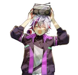 Rule 34 | 1boy, :d, ^ ^, absurdres, arms up, black jacket, blush stickers, closed eyes, facing viewer, fuwa minato, grey hair, hair between eyes, highres, holding, jacket, long sleeves, male focus, multicolored hair, nijisanji, open clothes, open jacket, open mouth, puffy long sleeves, puffy sleeves, purple hair, red hair, shirt, simple background, smile, sofra, solo, stereo, streaked hair, upper body, virtual youtuber, white background, white shirt