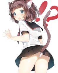 Rule 34 | !?, 1girl, animal ears, ass, bad id, bad pixiv id, blue eyes, blush, brown hair, cat ears, clothes lift, from behind, highres, looking back, niito, open mouth, original, panties, school uniform, serafuku, shirt, short hair, skirt, skirt lift, solo, tail, tears, underwear, white background, white panties