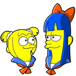 Rule 34 | 10s, 2girls, :3, bkub, blunt bangs, bow, face-to-face, hair bow, long hair, lowres, multiple girls, parody, pipimi, poptepipic, popuko, sailor collar, short twintails, simple background, style parody, the simpsons, toon (style), twintails, white background