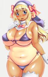 Rule 34 | 1girl, bikini, blonde hair, blue eyes, blush, bow, breasts, cleavage, covered erect nipples, gloves, habit, hair bow, hair ribbon, highres, huge breasts, kokumotsu, large breasts, long hair, looking at viewer, micro bikini, navel, nun, original, plump, pointy ears, ribbon, shiny skin, side-tie bikini bottom, skindentation, solo, standing, swimsuit, tan, tanline, thick thighs, thighhighs, thighs, wide hips