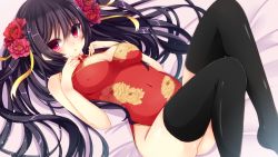 Rule 34 | 1girl, ass, bare shoulders, black hair, black thighhighs, bloodcatblack, blush, breasts, china dress, chinese clothes, cleavage cutout, clothing cutout, covered erect nipples, covered navel, dress, eyes visible through hair, flower, hair between eyes, hair flower, hair ornament, hair ribbon, highres, impossible clothes, large breasts, long hair, looking at viewer, lying, navel, nipples, on back, original, pink eyes, ribbon, solo, thighhighs, two side up