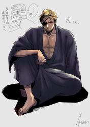 Rule 34 | 1boy, abs, aion kiu, bara, barefoot, blonde hair, check copyright, copyright request, eyepatch, facial hair, goatee, grey kimono, japanese clothes, kimono, male focus, mature male, muscular, muscular male, open clothes, original, pectoral cleavage, pectorals, short hair, sitting, solo, stubble, translation request