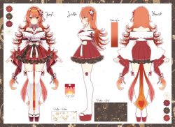 Rule 34 | 1girl, absurdres, arms at sides, character sheet, closed mouth, color guide, dress, flower, framed, hair flower, hair ornament, highres, hinotori mera, japanese clothes, long hair, long sleeves, looking at viewer, multiple views, official art, orange eyes, orange hair, platform clogs, propro production, ribbon-trimmed legwear, ribbon trim, sandals, second-party source, smile, solo, standing, tail, taya oco, thighhighs, turnaround, virtual youtuber, wide sleeves, zouri