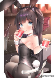 Rule 34 | 1girl, animal ears, black hair, black leotard, black pantyhose, blue eyes, bucket, chair, commentary request, counter, detached collar, drinking, from behind, glass, hair ribbon, half updo, hime cut, juugou taki, leotard, long hair, looking at viewer, looking back, original, pantyhose, playboy bunny, rabbit ears, rabbit tail, red ribbon, ribbon, sitting, solo, strapless, strapless leotard, tail, thighband pantyhose, wrist cuffs