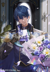 Rule 34 | 1boy, anemone (flower), arch, ascot, baby&#039;s-breath, black cape, black gloves, black shirt, blue cape, blue flower, blue hair, blue ribbon, blue rose, blue sash, bouquet, bow, candle, candlestand, cape, card, collared cape, collared shirt, copyright notice, curtains, daisy, earrings, epaulettes, falling petals, flower, gloves, gold trim, hair between eyes, harusaki air, holding, holding bouquet, holding card, indoors, jewelry, long sleeves, looking at viewer, male focus, mole, mole under eye, neck ribbon, nijisanji, official art, parted lips, petals, pinstripe pattern, pinstripe shirt, plant, purple ascot, purple bow, purple eyes, purple flower, purple vest, ribbon, rose, sample watermark, sash, shirt, single earring, sjamki, smile, solo, tassel, tassel earrings, two-sided cape, two-sided fabric, upper body, vest, virtual youtuber, watermark, white flower