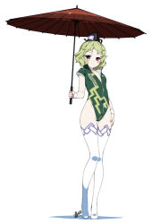 Rule 34 | 1girl, alternate costume, blush, boots, female focus, full body, green hair, hand on thigh, hat, high heels, hyouju issei, legs, leotard, long legs, looking at viewer, oil-paper umbrella, race queen, red eyes, short hair, simple background, soga no tojiko, soga no tojiko (living), solo, thigh boots, thigh gap, thighhighs, touhou, umbrella, white background