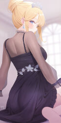 Rule 34 | 1girl, artist name, back, black dress, blonde hair, blurry, blurry background, blush, commentary, deyui, diamond earrings, dress, earrings, floral print, from behind, hair bun, highres, hololive, hololive english, indoors, jewelry, looking at viewer, looking back, official alternate costume, official alternate hair length, official alternate hairstyle, ponytail, see-through, see-through dress, see-through shirt, see-through sleeves, sideways glance, single hair bun, sitting, solo, symbol-only commentary, tiara, virtual youtuber, wariza, watson amelia, watson amelia (party dress)