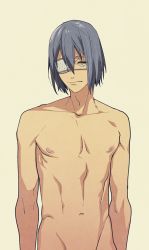 Rule 34 | 1boy, eyepatch, green eyes, groin, high speed!, male focus, megumi-square, nipples, nude, purple hair, serizawa nao, short hair, simple background, solo