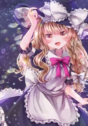 Rule 34 | + +, 1girl, apron, arm up, black dress, black hat, black sleeves, blonde hair, blue background, bow, bowtie, braid, collar, dress, frills, hair between eyes, hair bow, hand on headwear, hand up, hat, hat bow, holding, jaku sono, kirisame marisa, long hair, looking at viewer, open mouth, pink bow, pink bowtie, puffy short sleeves, puffy sleeves, short sleeves, single braid, smile, solo, star (symbol), starry background, touhou, white apron, white bow, white collar, witch hat, yellow eyes