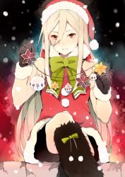 Rule 34 | 1boy, afuro terumi, androgynous, bad id, bad pixiv id, black gloves, christmas, gloves, hat, inazuma eleven, inazuma eleven (series), long hair, male focus, red eyes, revision, santa hat, sitting, smile, solo, tokio neo, very long hair