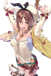 Rule 34 | 1girl, arms behind head, arms up, atelier (series), atelier ryza, atelier ryza 1, bare shoulders, belt, blush, boots, bracelet, breasts, brown eyes, brown hair, cleavage, commentary request, detached sleeves, hair ornament, hairband, hairclip, hat, highres, jacket, jewelry, large breasts, looking at viewer, navel, necklace, open mouth, red shorts, reisalin stout, satsuki neko, sharp teeth, short hair, short shorts, shorts, simple background, smile, solo, teeth, thigh boots, thighhighs, white background, white thighhighs