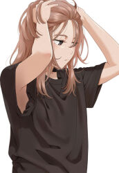 Rule 34 | 1girl, armpit peek, arms up, black shirt, blush, brown eyes, brown hair, hands on own head, long hair, mattaku mousuke, original, parted lips, shirt, short sleeves, simple background, solo, thick eyebrows, twitter username, upper body, watermark, white background
