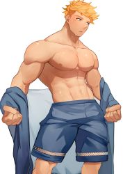 Rule 34 | 1boy, abs, bara, bare pectorals, blonde hair, blue shorts, clenched hands, granblue fantasy, green eyes, hidora art, highres, large pectorals, looking to the side, male focus, muscular, muscular male, navel, nipples, open clothes, pectorals, short hair, shorts, simple background, solo, sweat, vane (granblue fantasy), white background