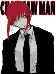 Rule 34 | 1girl, absurdres, black jacket, black necktie, black suit, breasts, chainsaw man, closed mouth, copyright name, dress shirt, eyelashes, formal, geromi (st 3924), hair between eyes, head tilt, high contrast, highres, jacket, looking at viewer, makima (chainsaw man), medium breasts, necktie, office lady, red hair, ringed eyes, shirt, sidelocks, simple background, solo, straight-on, suit, upper body, white background, white shirt, yellow eyes