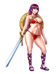 Rule 34 | 1girl, asamiya athena, athena (series), bad id, bad pixiv id, belt, bikini, breasts, cleavage, curvy, female focus, full body, hairband, hip focus, large breasts, long hair, looking at viewer, princess athena, purple hair, red bikini, shield, simple background, snk, solo, swimsuit, sword, the king of fighters, weapon, white background, wide hips, yukinishi