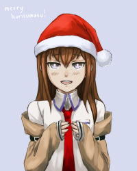 Rule 34 | 1girl, blue background, brown hair, english text, flat chest, hat, highres, imageboard colors, jacket, long hair, makise kurisu, merry christmas, necktie, off shoulder, pas (paxiti), pun, purple eyes, red necktie, santa hat, shirt, simple background, solo, steins;gate, upper body