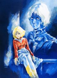 Rule 34 | 1980s (style), 1boy, 1girl, blanket, blonde hair, blue eyes, boots, brother and sister, char aznable, closed eyes, gundam, jacket, long sleeves, looking at viewer, male focus, military, military uniform, mobile suit gundam, official art, oldschool, painting (medium), red jacket, retro artstyle, sayla mass, science fiction, short hair, siblings, signature, sitting, smile, traditional media, uniform, watercolor (medium), weapon, yasuhiko yoshikazu